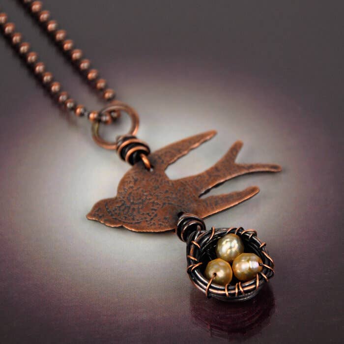 Etched Copper Bird w/Hand Wrapped Nest Necklace for wholesale by CB&CO