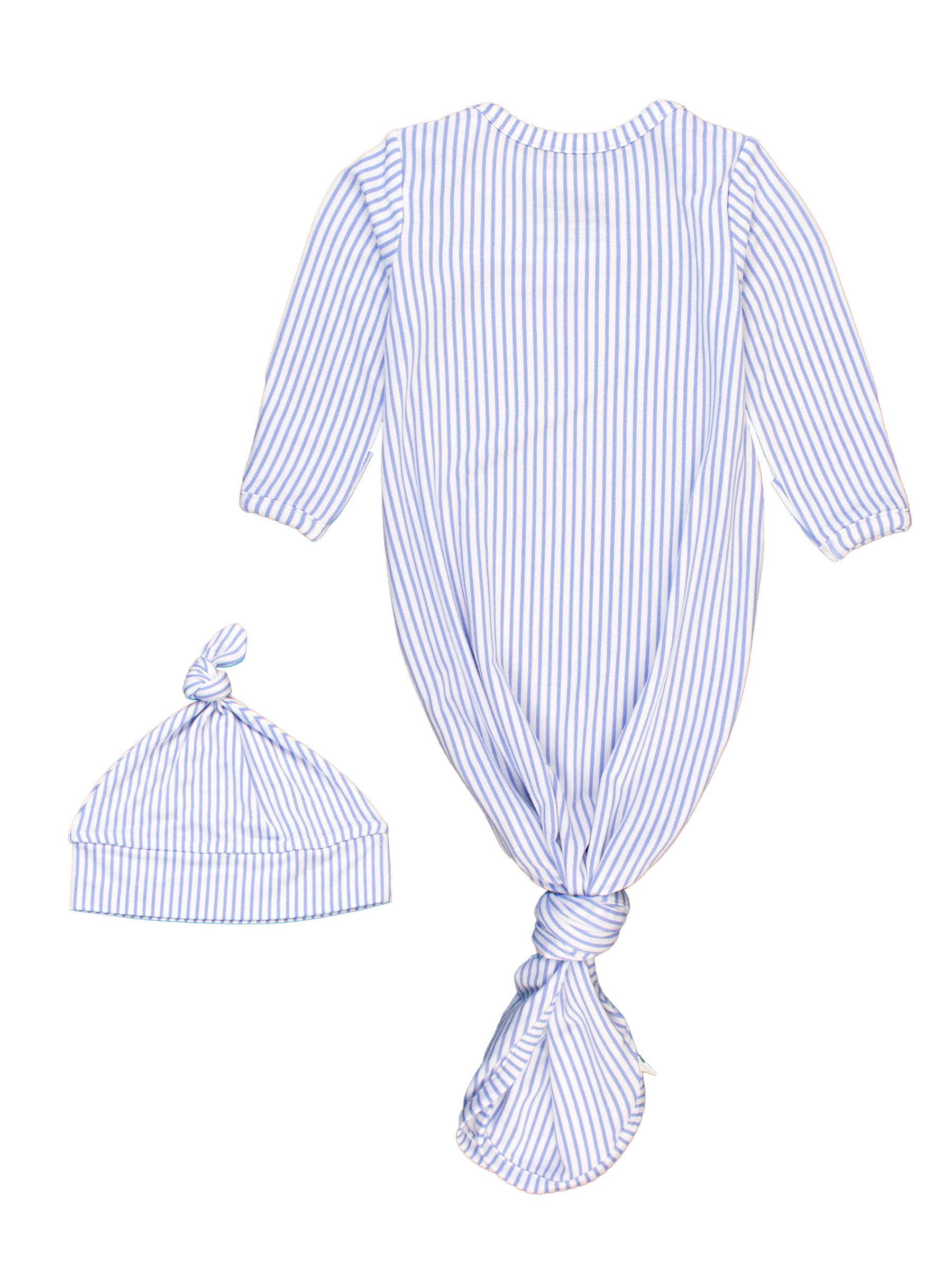 Blue SoftSnooze™ Baby Boys Bamboo Viscose Periwinkle & White Micro Stripe Knotted Sleep Gown & Hat Set for wholesale on Faire1
