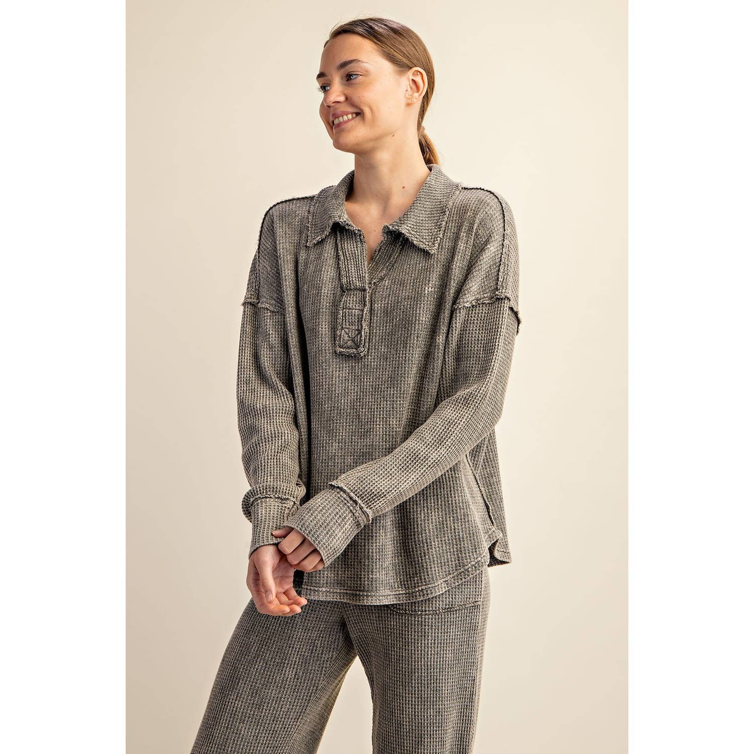 Rae Mode - Wholesale Athletic Top - Women's - MINERAL WASHED WAFFLE POLO SWEATSHIRT28