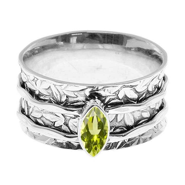 Anel giratório de folhas caindo Catalina com marquise de peridoto por atacado de Kali Ma Designs - Sterling Silver Jewellery