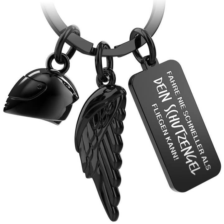 Motorrad Schlüsselanhänger mit Motorradhelm, Engelsflügel und Gravur - Geschenk Motorradfahrer - Motorrad Glücksbringer für den Großhandel von FABACH – Die Schlüsselanhänger-Schmiede