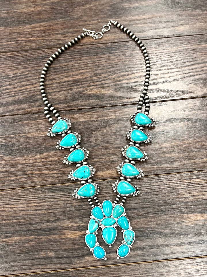 731725, Handgemaakte 32" Squash Blossom Turkoois Ketting voor wholesale door ISAC Trading Inc