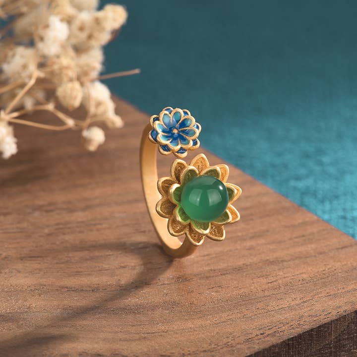 Bague ouverte à double fleur pour la vente par Bright MacMing