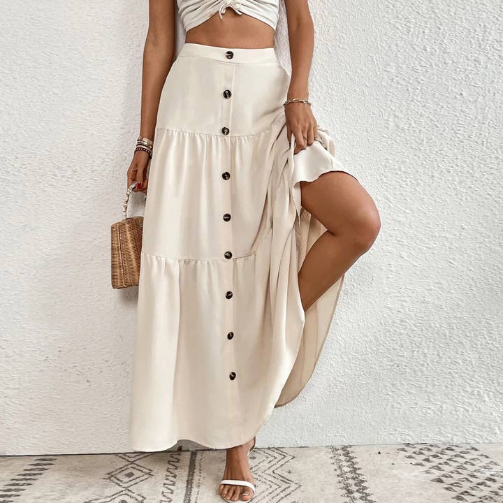 Apricot Stylish Elasticated Waist Button Panelled Maxi Skirt for wholesale on Faire