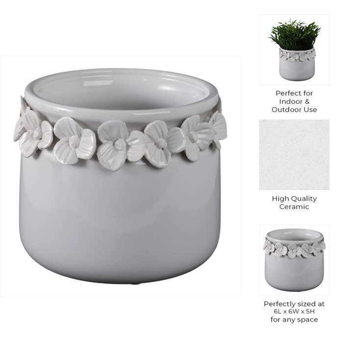 Sagebrook Home - Wholesale Plant Pot - White 6 in. Ceramic Novelty Floral Applique Garden Planter