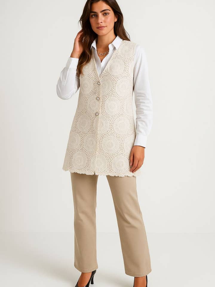 Ivory mid-length sleeveless vest for wholesale by You Udress