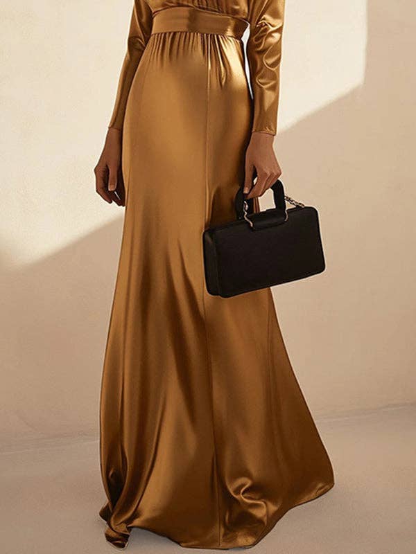 OURO Vestido Comprido de Manga Comprida Plissado Brilhante com Gola Alta para venda a revendedores na Faire11