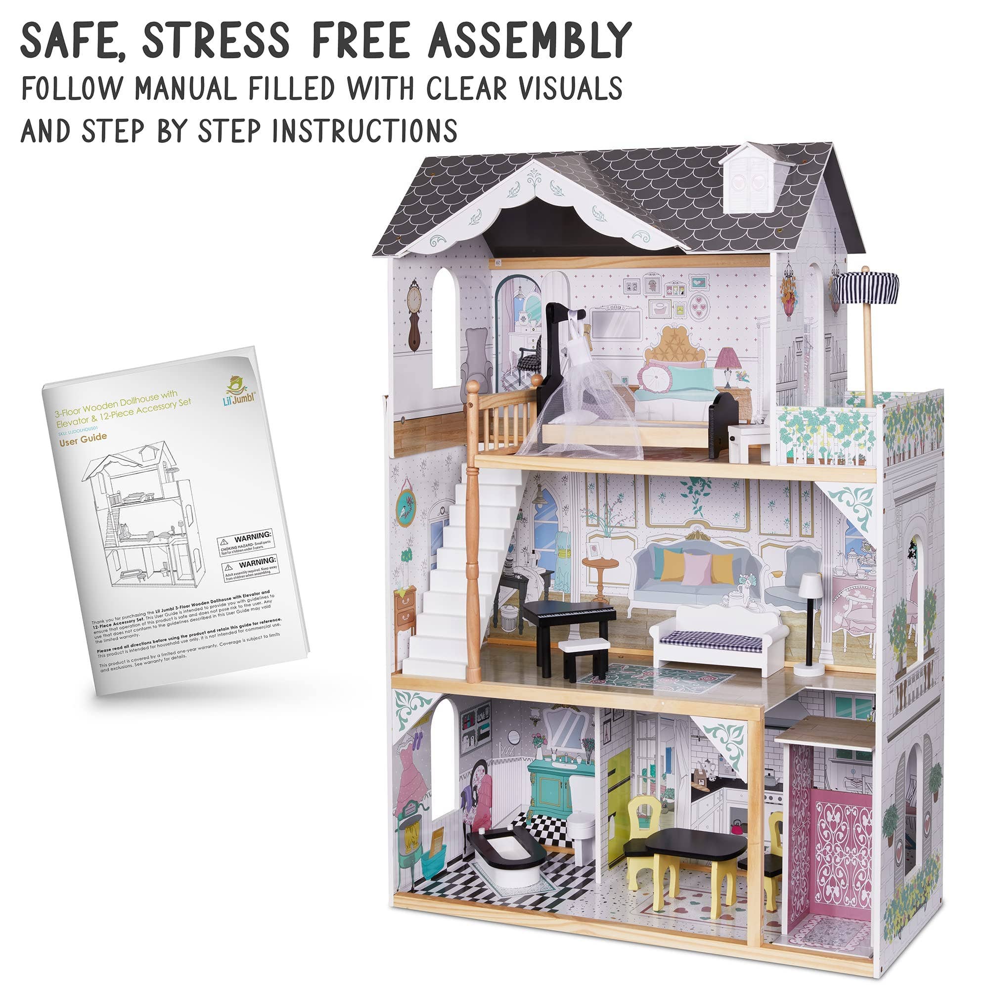 Jumbl - Wholesale Doll Accessory Kit - Kids - 3-Story Wooden Doll House Set W/Elevator, Balcony & Stairs11