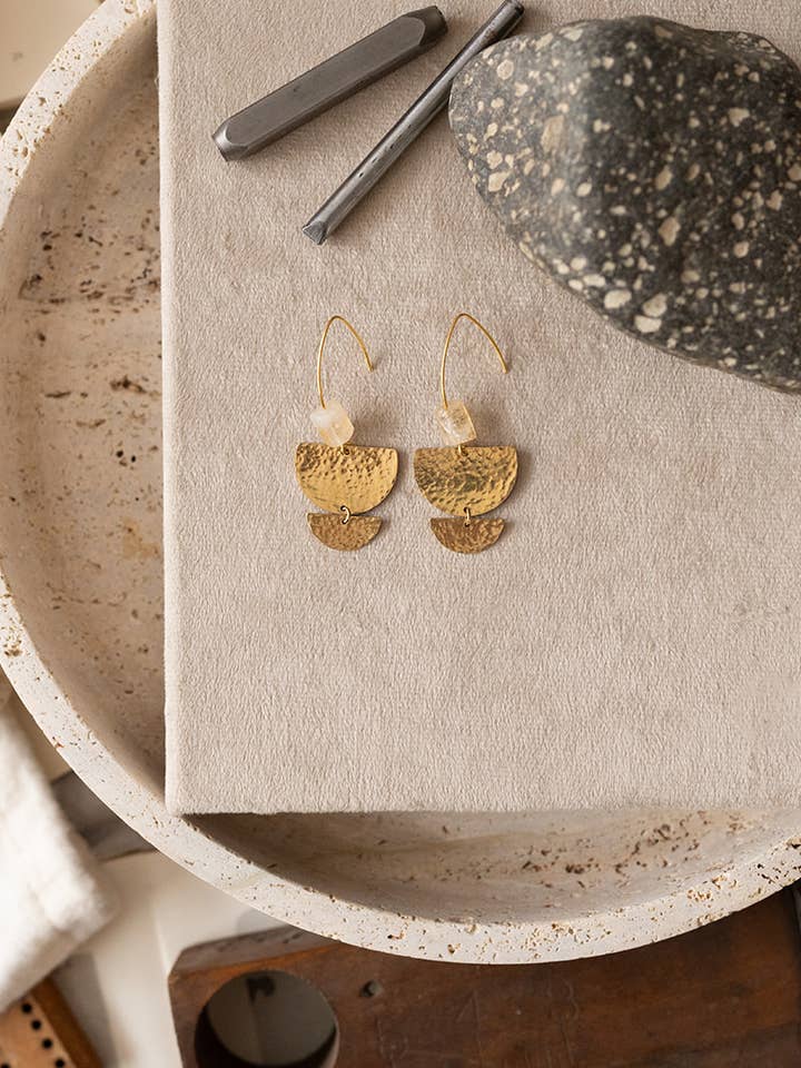 Nomad - Hammered Brass and Citrine Gemstone Earrings for wholesale by Found & Feral