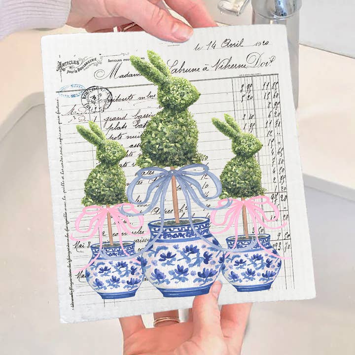Easter Blue and White Topiary Vintage Swedish Dishcloth for wholesale by Avery Lane Gifts