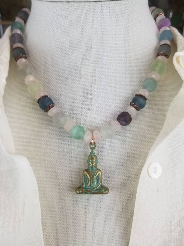 Fluorite, Rose Quartz & Buddha pendant. for wholesale by S.Alexander