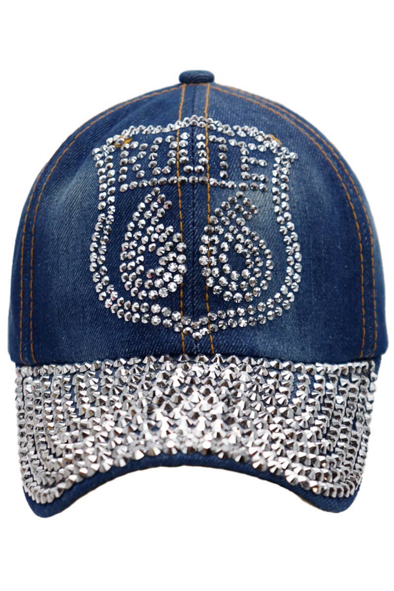 Cap Zone - Wholesale Baseball Cap - Women's - Route 66 Logo Bling Rhinestone Denim Baseball Cap1