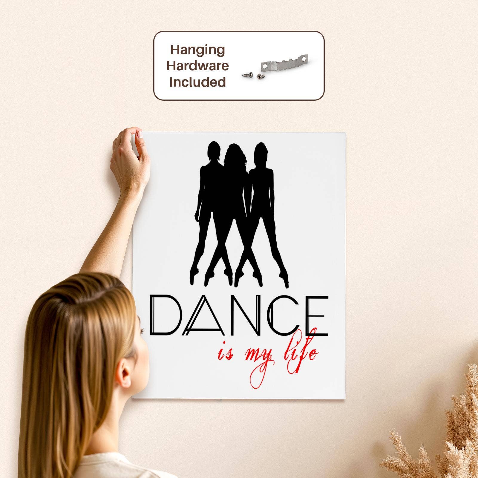 3dRose – Großhandel Kunstdruck – 3dRose, Drei weibliche Figuren in schwarzer Farbe. Text: Tanzen ist mein Leben auf weißem, museumstauglichem Leinwanddruck.4