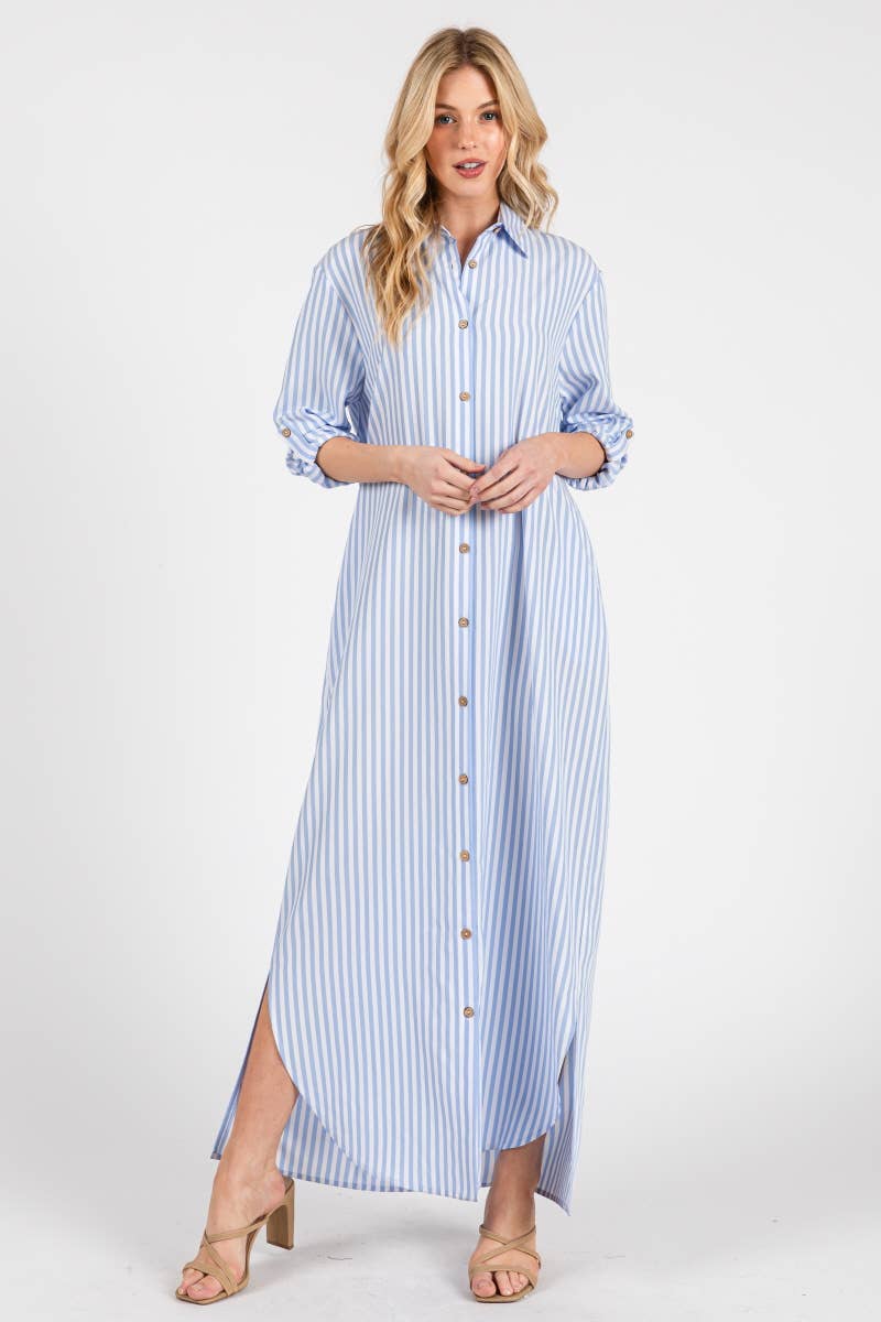 Peace Love Line – wholesale Dress – Women's – SLI3048 - STRIPED BUTTON DOWN SHIRT MAXI DRESS2