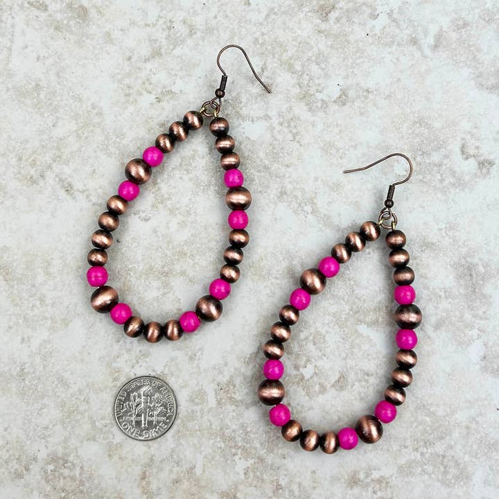 Cooper Navajo Pearl Earrings with Hot Pink Stone Teardrop for wholesale by Western Elite Jewelry
