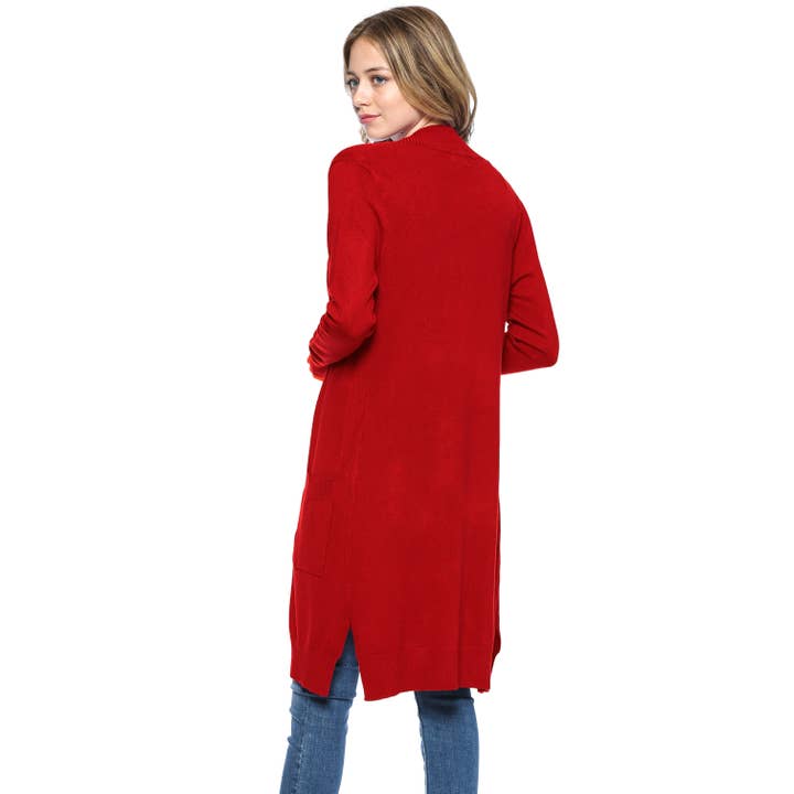 Urban Look - Wholesale Cardigan - Women's - Premium Open Front Pocket Duster Cardigan Red2