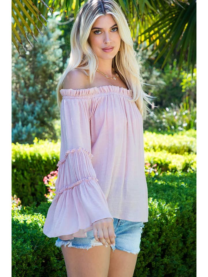 Sweet Lovely by Jen - Wholesale Blouse โ Womenโs - TIERED BELL SLEEVE OFF SHOULDER TOP8