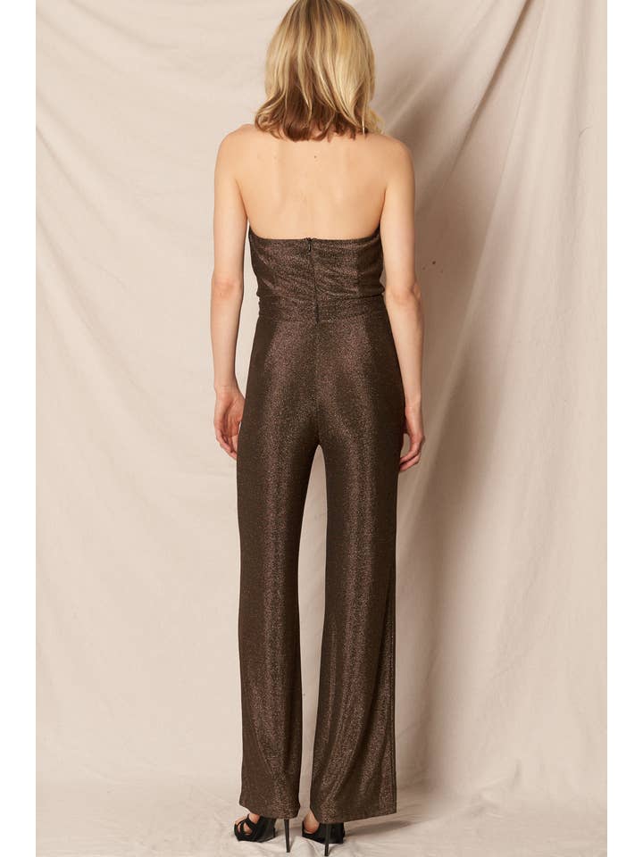 Gold Halter Cowl Neck Glitter Metallic Jumpsuit for wholesale on Faire
