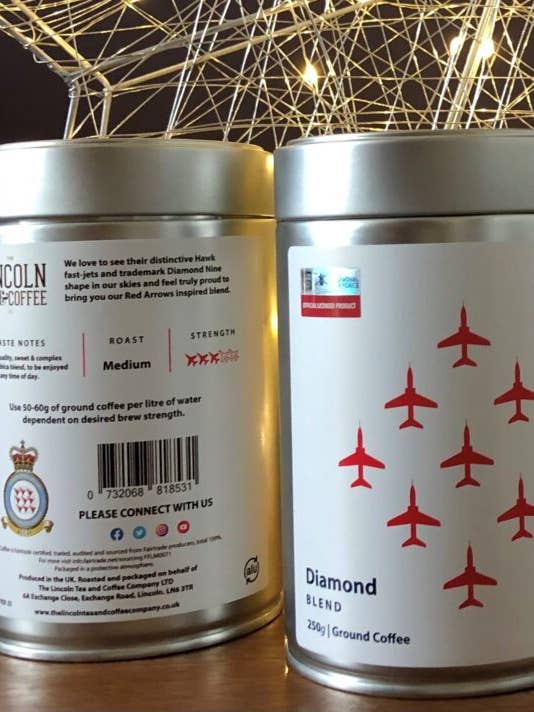 Red Arrows Diamond Blend 250g Ground Coffee Tin for wholesale by The Lincoln Tea & Coffee Co