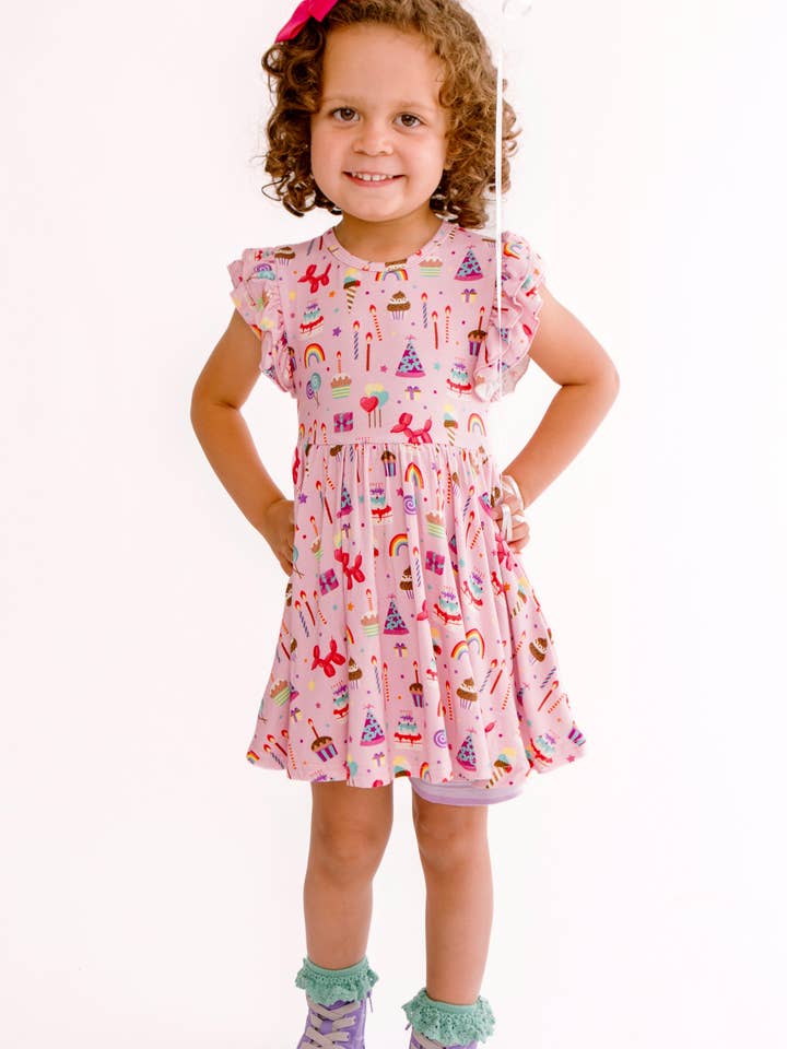 Birthday Party Pink Bamboo Flutter Twirl Dress with Pockets for wholesale by Popoki Pajamas