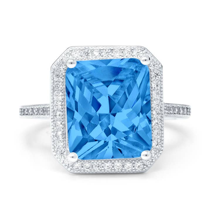 Halo Emerald Cut Engagement Ring Simulated Blue Topaz CZ for wholesale by Blue Apple Imports