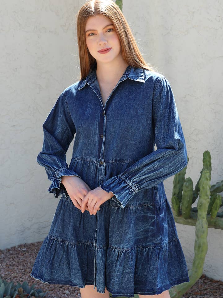 ANGIE - Wholesale Dress - Women's - C4926-ASIS BUTTON FRONT TIERED DENIM DRESS0