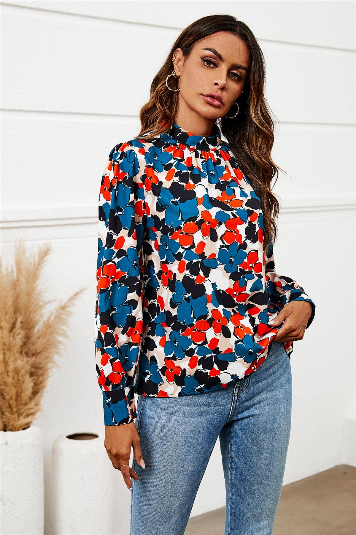 Floral Print Long Sleeve High Neck Top In Blue for wholesale on Faire1