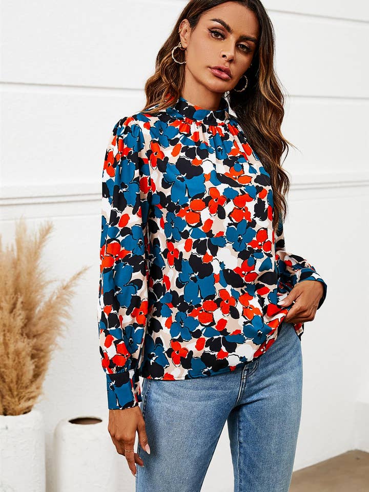 Floral Print Long Sleeve High Neck Top In Blue for wholesale on Faire1