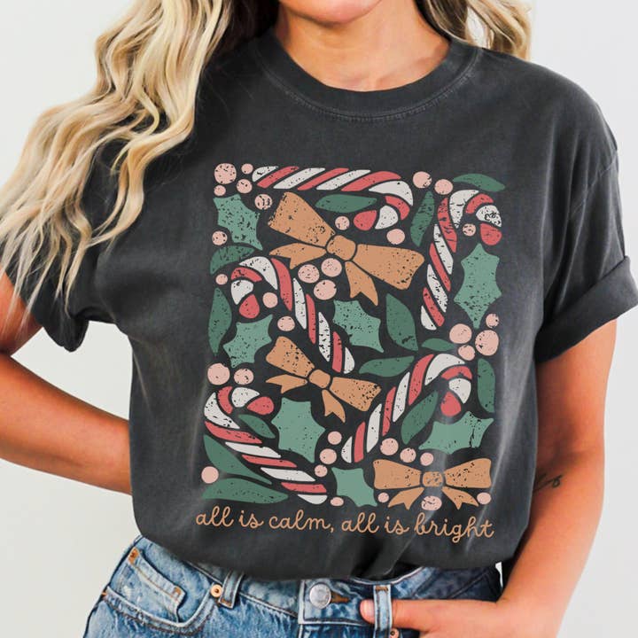 Scripted Pearl - Wholesale Screen Printed T-Shirt - Women's - All Is Calm All Is Bright Comfort Colors Christmas T Shirt