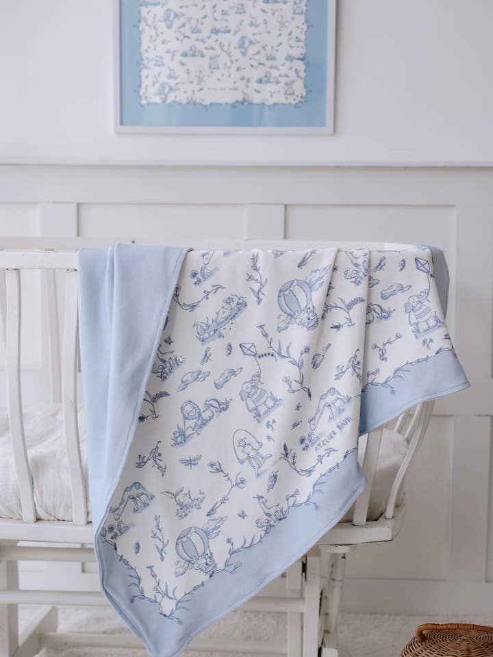 Double-Sided Baby Blanket - Toile De Jouy/Blue for wholesale by Atelier Babbi