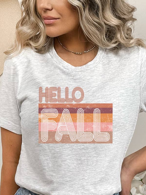 Fall Clothing Hello Fall Stripes Block Graphic Tee 85222dtf for wholesale by Cali Boutique Wholesale
