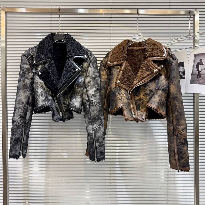 81Y Tie-Dye Shearling Faux Leather Jacket for Winter Women for wholesale by Productseeker