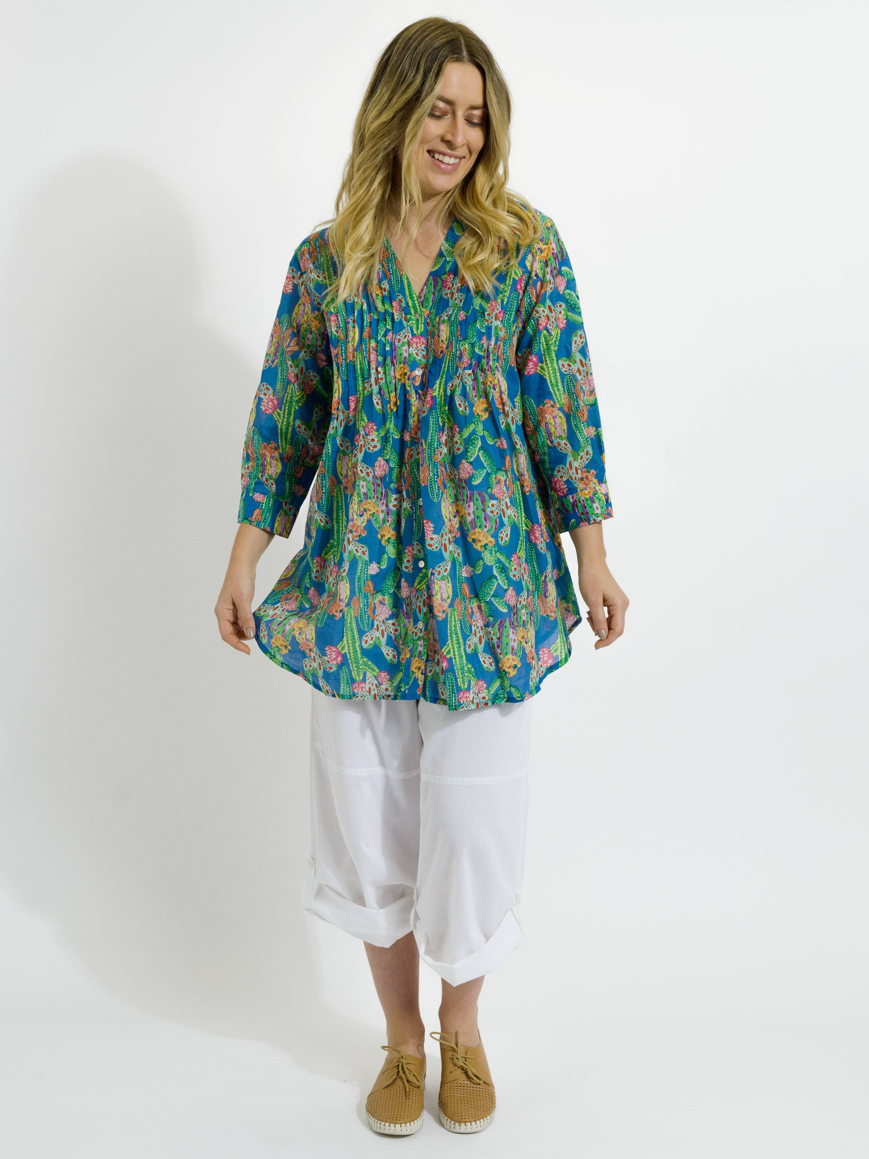 Mozaic by Euro Dreaming - Wholesale Buttoned-down shirt – Women's - Palm Cove Top in Blue Cactus