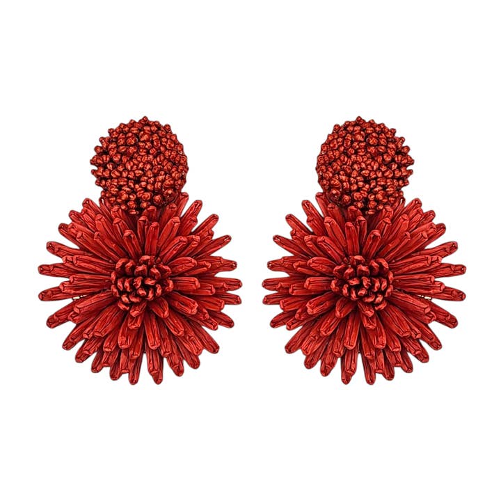 Coral Raffia Flower Spray Earrings for wholesale by Narratives The Line