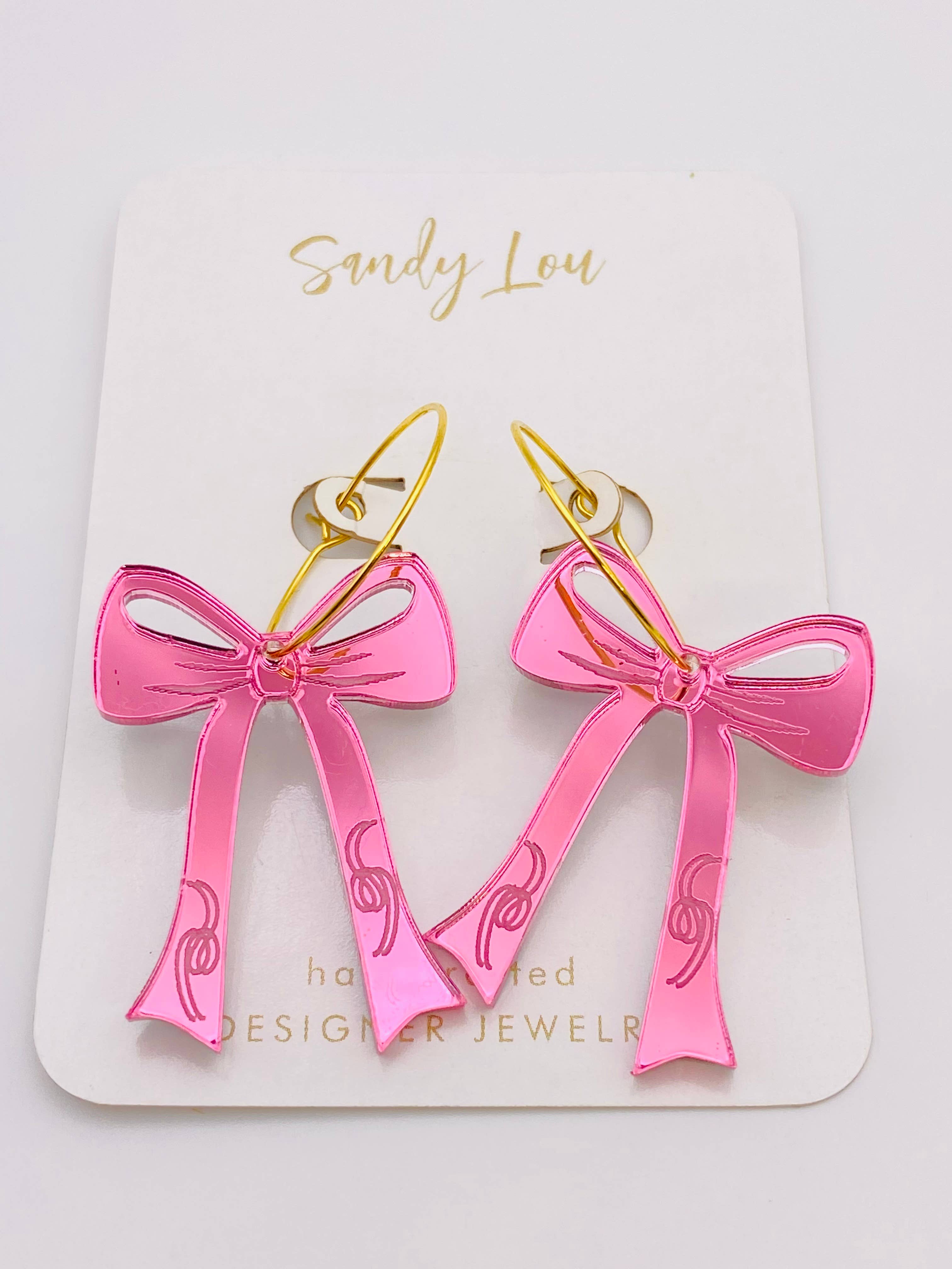 Sandy Lou Designs - Wholesale Dangle Earrings - BOWS ON A HOOP EARRINGS PINK3