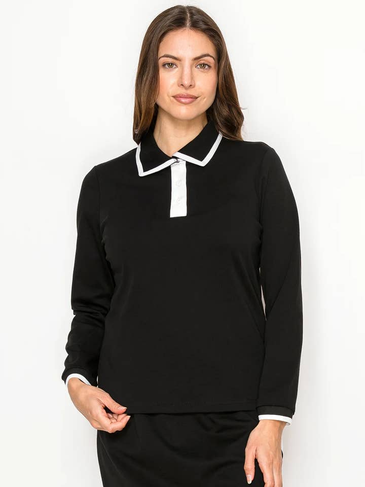 Sort polo-stil langærmet t-shirt for engroshandel hos Yal New York