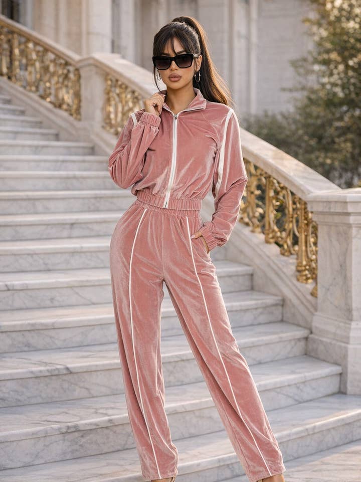 Velvet Stretch Fabric Tracksuit 2 Piece Set for wholesale by CAPSULLE