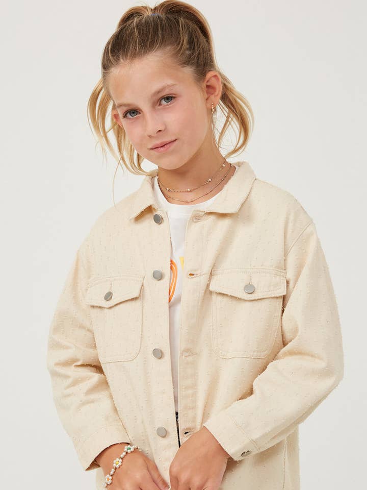 Cream Girls Distressed Detail Button Up Shacket for wholesale on Faire0