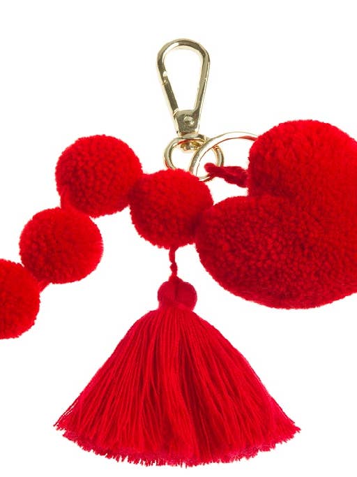 Pom pom red love heart and pom pom tassel keyring for wholesale by PomPom Galore