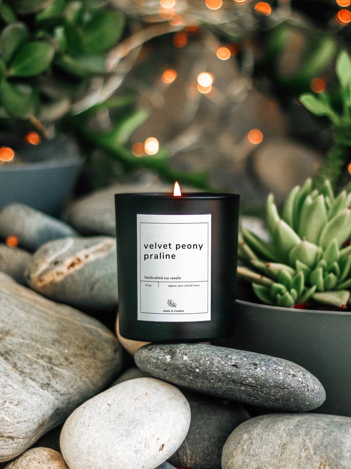 Velvet Peony Praline Large Soy Candle for wholesale by Den Perfect