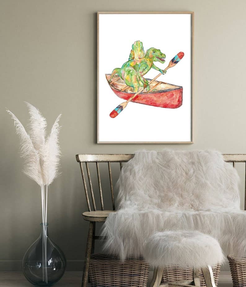Goodfairyart - Vente Affiche d'art - Spinosaure sur canoë, peinture de dinosaure, aquarelle0
