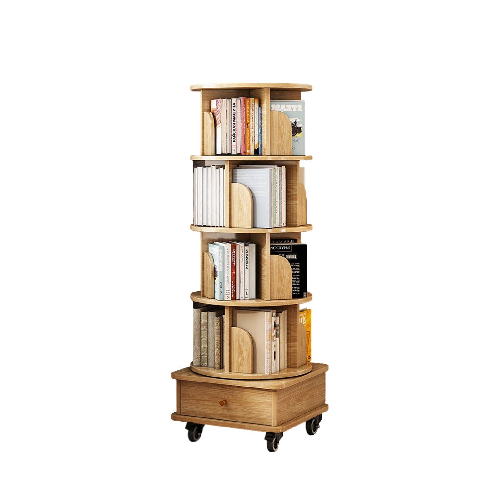 39F Inc. - Wholesale Bookcase - 5/6-Tier 360° Rotating Bookshelf with Drawer, White/Wood14