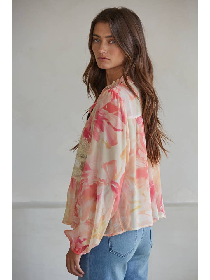 Coral Multi L9791 | Woven Polyester Floral Print Button Down Top for wholesale on Faire3