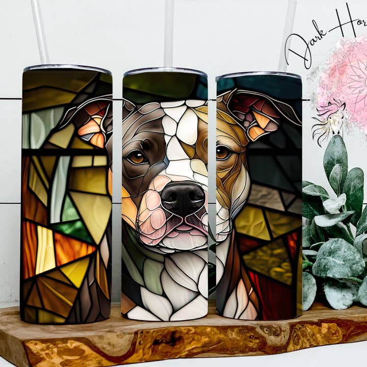 Dark Horse Dream Designs LLC - Wholesale Insulated Mug/Tumbler - Brown Pitbull / Pitty / Dog / Canine - Stained Glass Tumbler