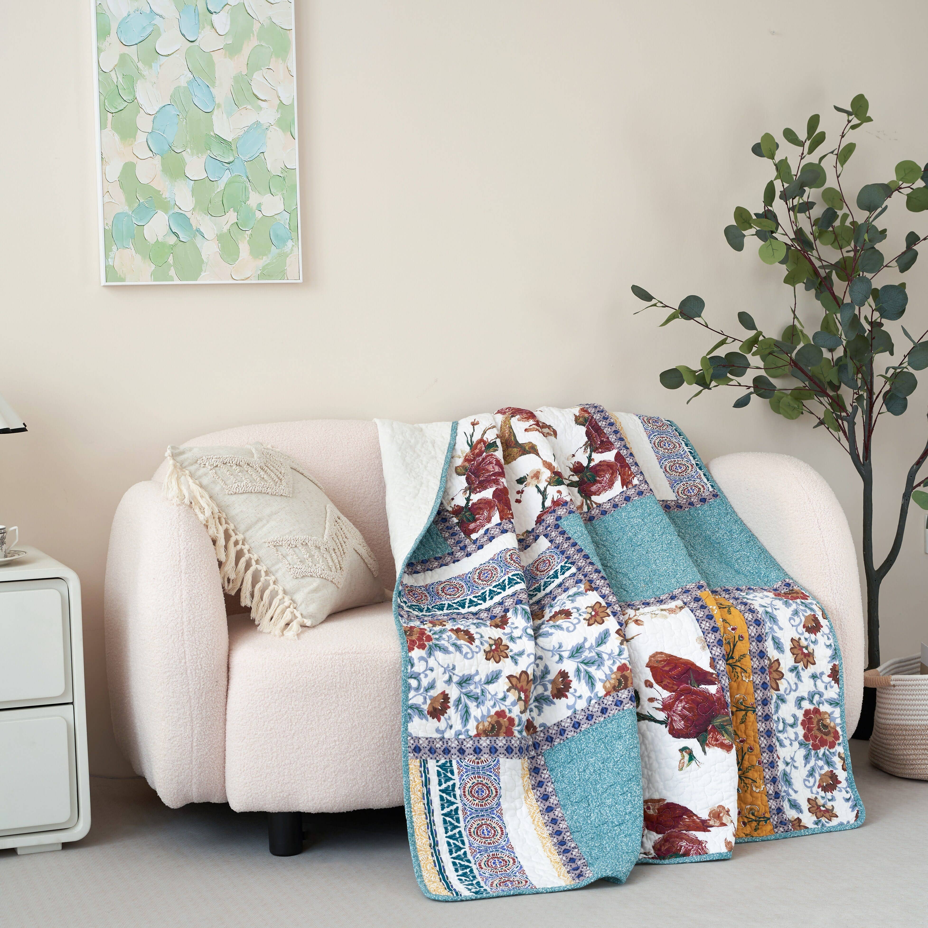 Tache Home Fashion - Wholesale Throw Blanket - Tache Cotton Patchwork Old World Garden Pastel Blue Yellow Red Hummingbirds Quilted Throw Blanket (JHW-936)3