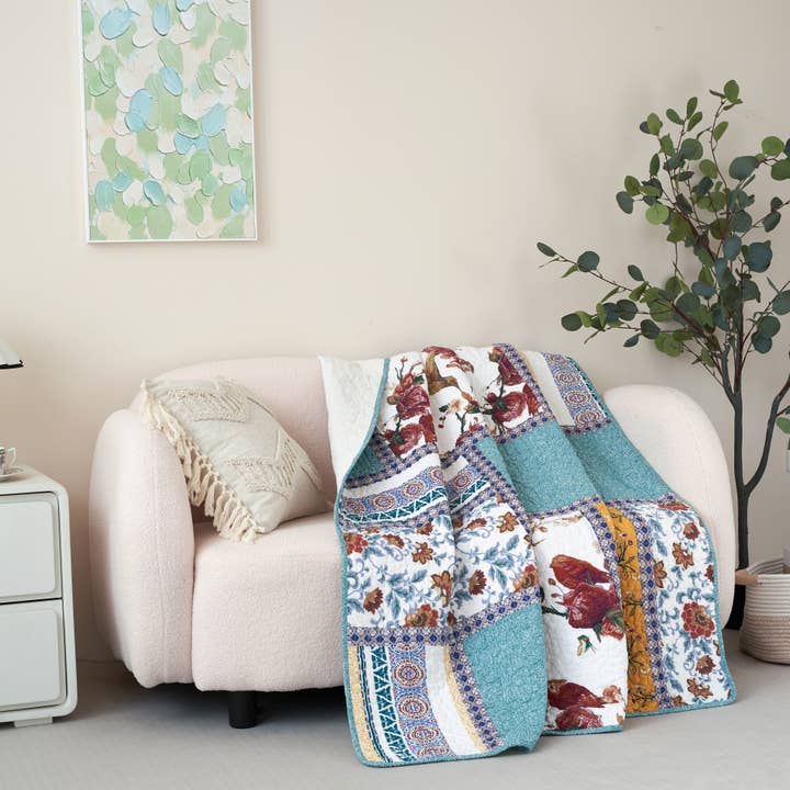 Tache Home Fashion - Wholesale Throw Blanket - Tache Cotton Patchwork Old World Garden Pastel Blue Yellow Red Hummingbirds Quilted Throw Blanket (JHW-936)3