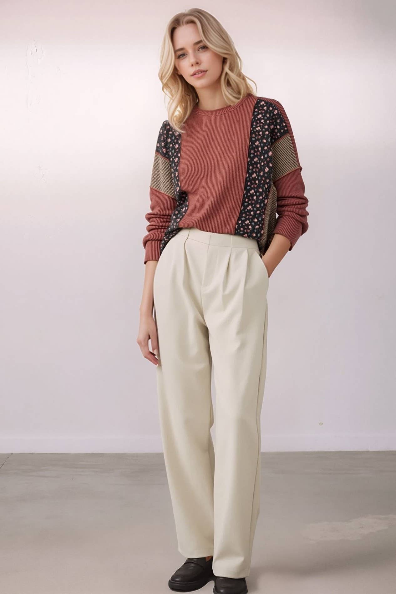 HEIMISH – wholesale Tunic – Women’s – ET7988-11 SOLID AND FLORAL URBAN RIB CONTRAST TOP3