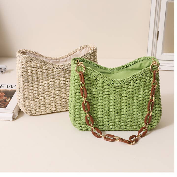 Sac de plage à bandoulière en paille de couleur unie pour les vacances pour la vente par Little Trendy