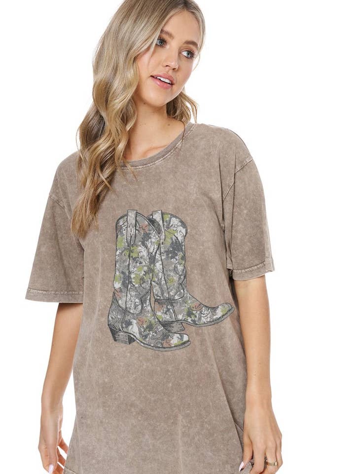 Camo Cowboy Boots Graphic S/S Washed Boyfriend Tee for wholesale by Zutter