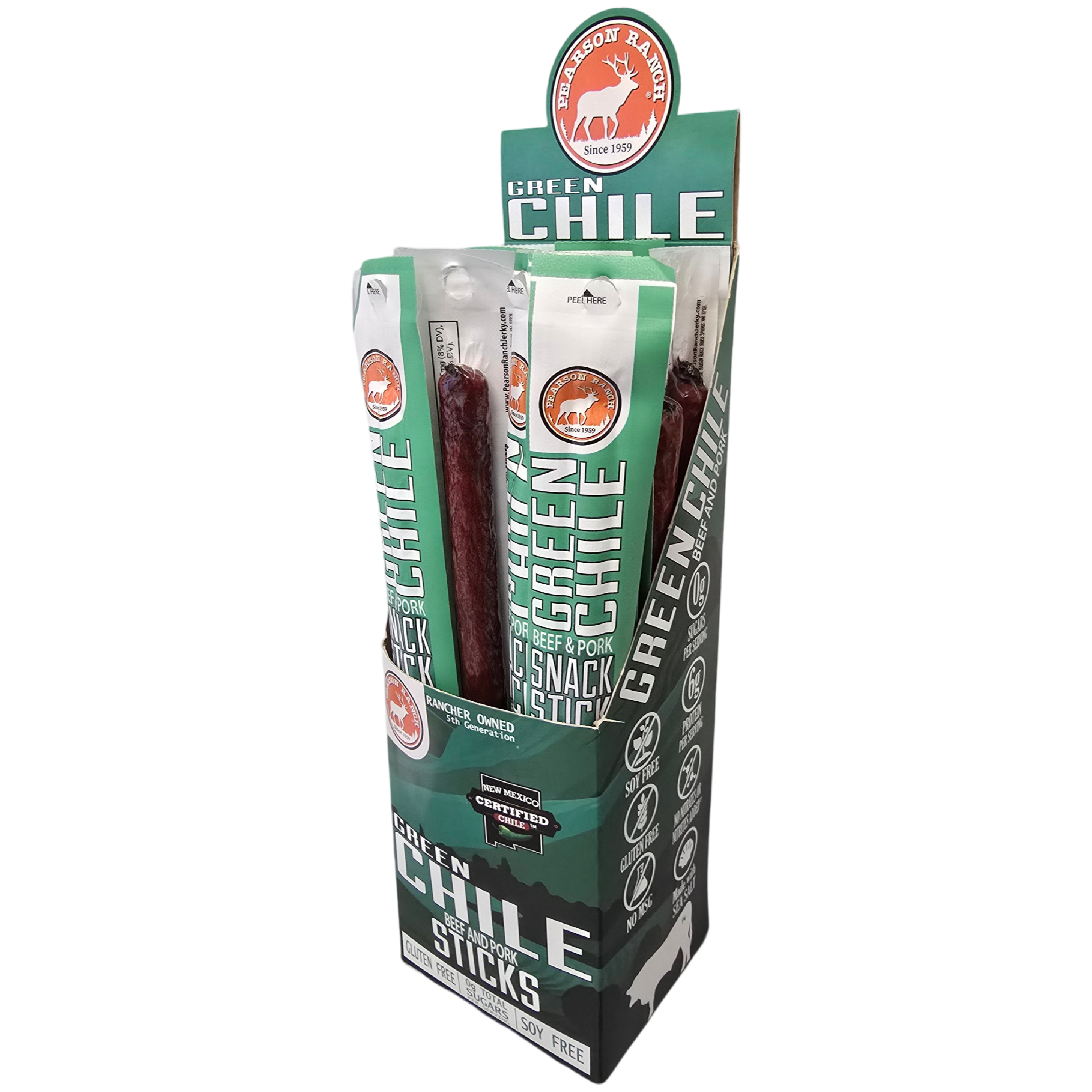 Pearson Ranch Elk & Bison Jerky - Wholesale Jerky - 24 Count Caddy - Green Chile Beef & Pork Snack Sticks1